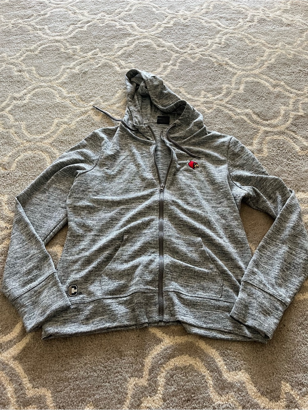 Gray Hooded Zip Jacket with Cardinal Patch